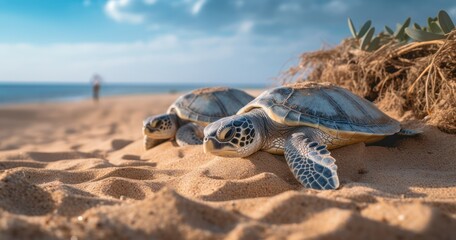 Marine turtles laying eggs on a secluded beach