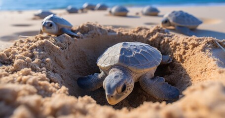 Marine turtles laying eggs on a secluded beach