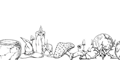 Hand drawn ink vector witch altar carved pumpkin, mushroom isolated seamless banner. Sketch illustration art Halloween, witchcraft, occult, alchemy. Design shops, logo, print, website, card, booklet