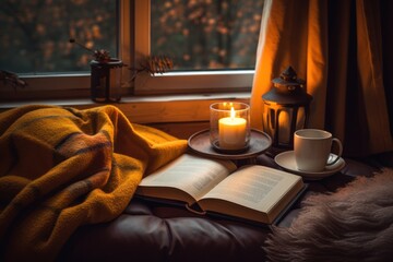 A cozy autumn setup with a blanket, hot drink, and open book, leaving space for inspirational quotes or product promotion. Generative Ai