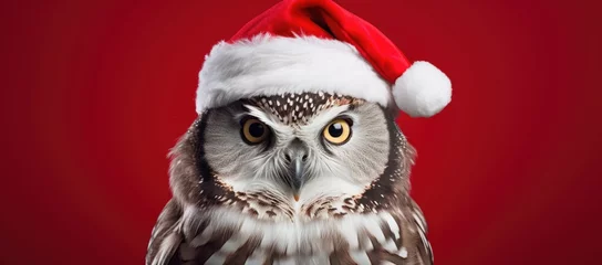 Zelfklevend Fotobehang A festive owl portrait featuring a Christmas owl donning a Santa Claus hat against a crimson background. © Ivy
