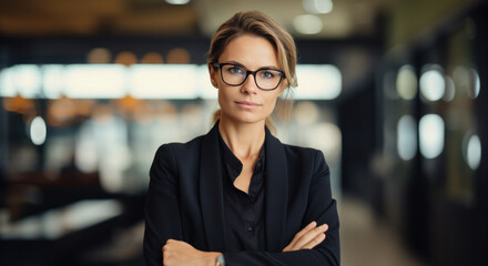 Serious woman bold ceo manager at office space, possibly real estate, lawyer, non-profit, marketing, wearing glasses - obrazy, fototapety, plakaty