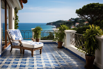 Overlooking the ocean, a beachfront villa's balcony is adorned with colorful mosaic tiles inspired by the hues of the Mediterranean Sea - obrazy, fototapety, plakaty