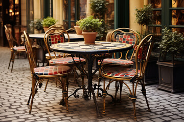 Fototapeta na wymiar On a Paris street, a café terrace beckons patrons with its chic patterned tile flooring, paired with classic wrought iron chairs and tables