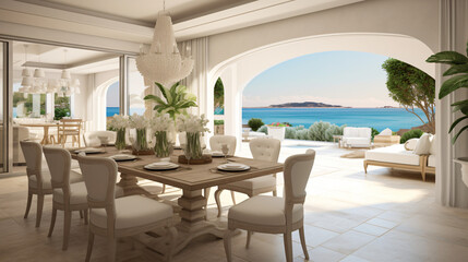 Mediterranean interior design of modern dining room - obrazy, fototapety, plakaty