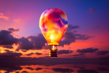 a lightbulb transforming into a hot air balloon, gently floating against a brilliant sunset sky, with rich hues of orange, purple, and pink mingling together