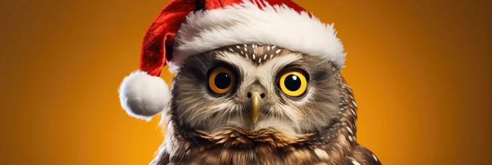 Rolgordijnen A festive owl image showcasing the owl in a Santa Claus hat against a backdrop of lively yellow. © Ivy