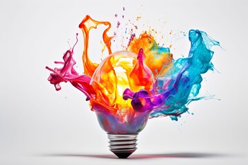 a lightbulb bursting into a dynamic splash of colorful, liquid paint against a stark, white background, symbolizing a burst of creativity and ideas - obrazy, fototapety, plakaty