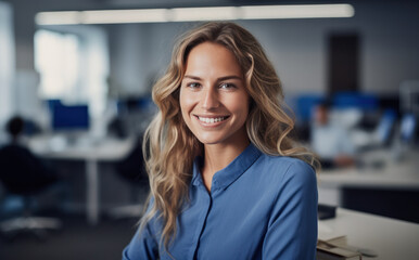Fototapeta premium Happy businesswoman in office with colleagues in background