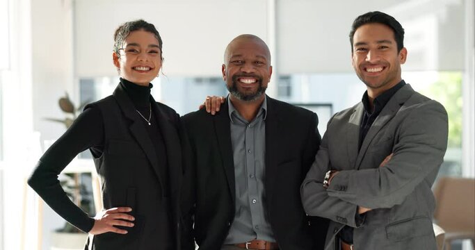 Business people, happy with diversity and face of team with smile, financial advisor group in the workplace. Professional, collaboration and trust, confidence in portrait and accounting partners