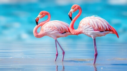 Pink flamingos gracefully tread on serene blue salt waters