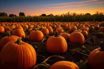A pumpkin patch scene with pumpkins arranged neatly. Generative AI