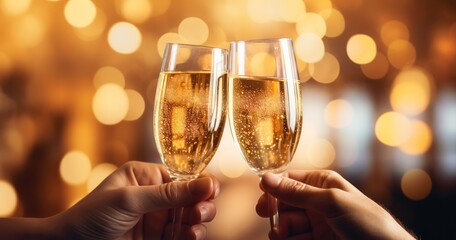 Glasses clink in a celebratory toast with golden champagne - obrazy, fototapety, plakaty
