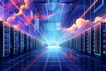 Bright server room with computers, big data processing, cloud storage. Illustration. Generative AI