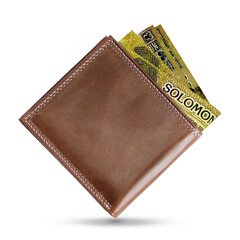 3D rendering of Solomon Islands Dollar notes in a brown leather men’s wallet. Solomon Islands Dollars in wallet
