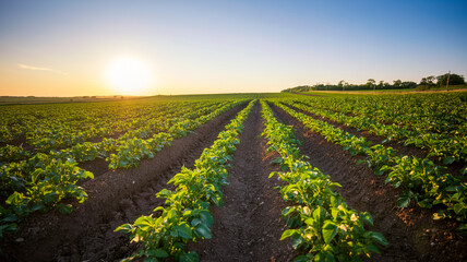 UK, Scotland, Potato field atsummer sunset