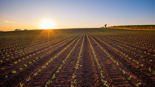 UK, Scotland, Young cabbages growing in field at sunset