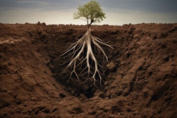 Tree exposed in soil layers. Generative AI - obrazy, fototapety, plakaty