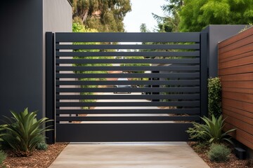 Surburb home with dark metal aluminum house gate, slats garden access door. Generative AI - obrazy, fototapety, plakaty