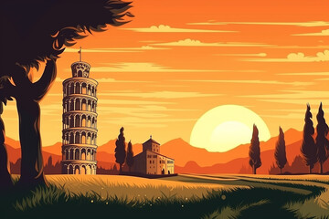 Beautiful scene landscape Leaning Tower of Pisa unItary Vector - obrazy, fototapety, plakaty