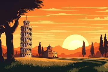 Poster Beautiful scene landscape Leaning Tower of Pisa unItary Vector © pitchaya