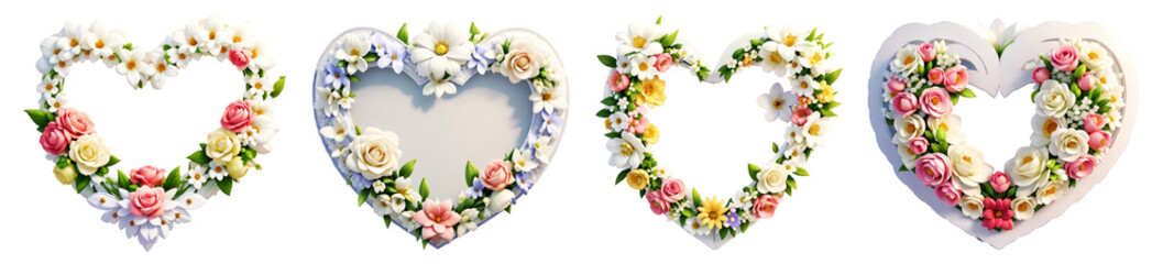 White heart shaped frame decorated with colorful flowers on transparent background.
