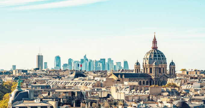 France, Ile-De-France, Paris, Panoramic view of houses surrounding Saint-Augustin church with La Defense skyscrapers in background - Powered by Adobe