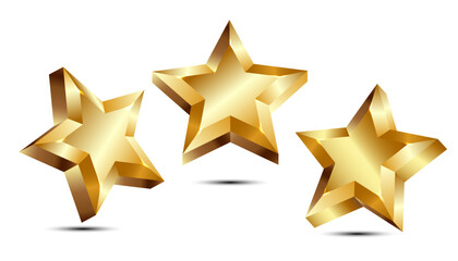 three gold stars, 3d gold stars, five stars rating icon set