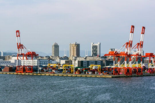 Japan, Hyogo Prefecture, Kobe, Harbor cranes at Port of Kobe