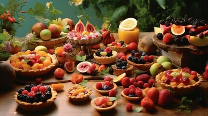 a table is adorned with a selection of fruit tarts