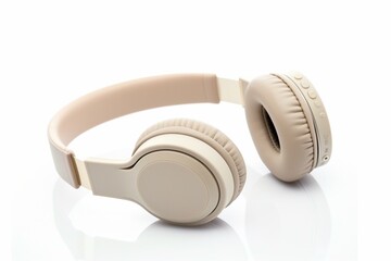 Chic wireless headphones in beige on white background. Generative AI