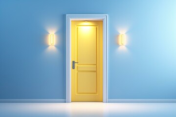 3D rendering of yellow light passing through an open door on a blue background. Architectural design element depicting a modern minimalist concept as a metaphor for opportunity. Generative AI