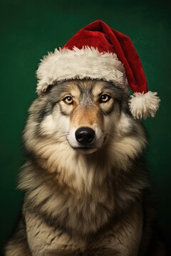 A holiday wolf portrait with a Santa Claus hat against a green backdrop.