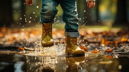 child's feet jumping in puddle of water in autumn - Powered by Adobe