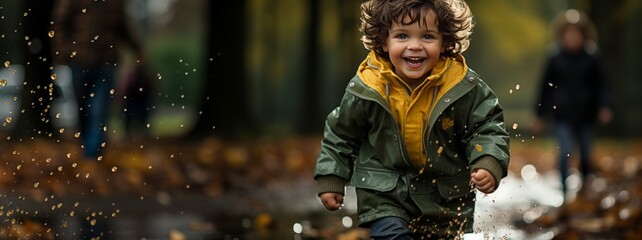 boy running in the park in autumn - obrazy, fototapety, plakaty