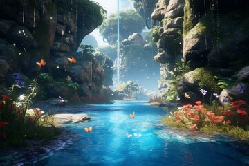 Exploring underwater wonderlands: butterfly ventures into waterfall portals with unreal engine 5. Generative AI - obrazy, fototapety, plakaty