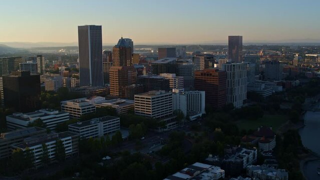 Drone Flyng Over Beautiful American City Near Sunset