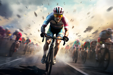Rennradfahrer während Straßenrennen im Peloton, Sprint, erstellt mit generativer KI - obrazy, fototapety, plakaty