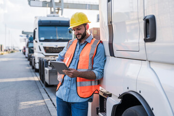 Smiling truck driver using tablet PC leaning on truck
