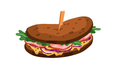 Ham and arugula between rye bread slices. Tasty sandwich with meat, vegetable, onion and melting cheese filling. Fast food, snack, eating. Flat vector illustration isolated on white background