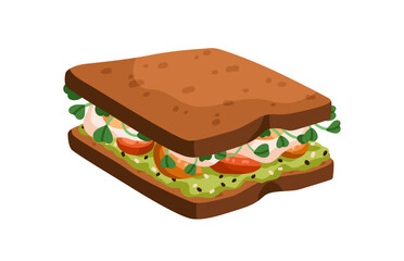 Breakfast sandwich with fried eggs, tomato, greens and mashed avocado filling. Vegetarian snack, fast food between rye toast bread slices. Flat vector illustration isolated on white background