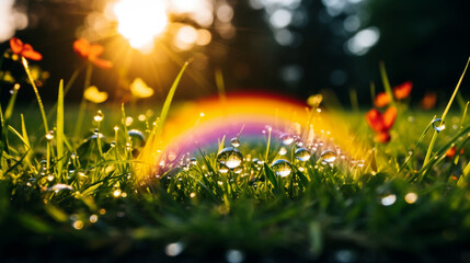 雨上がりの虹を背景にした写真