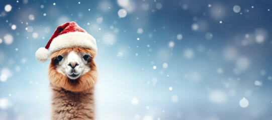 Cute Alpaca in Santa Claus hat on blue winter background with copy space.
