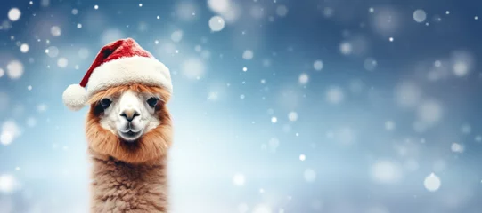 Foto auf Alu-Dibond Cute Alpaca in Santa Claus hat on blue winter background with copy space. © NikonLamp