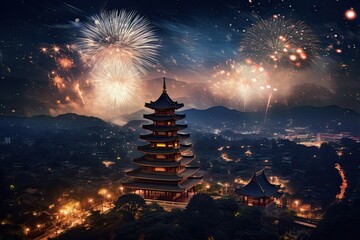 Fototapeta premium The atmosphere of a Chinese city with fireworks celebrating at night.