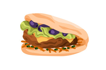 Beef cutlet, olives, cheese and lettuce in pita wrap. Greek snack, flatbread sandwich with tasty filling. Meat, greens, fried onion in pitta. Flat vector illustration isolated on white background