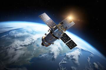 A spy satellite orbits Earth, capturing high-resolution images and collecting data, crucial for national security assessments - obrazy, fototapety, plakaty