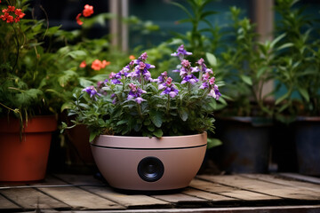 Fototapeta na wymiar A small covert listening device is cunningly hidden within the soil of a flower pot, capturing conversations in a private residence