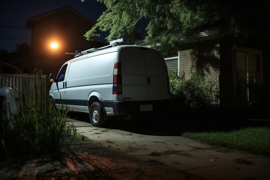 A nondescript surveillance van is parked outside a residential building, housing hidden cameras and monitoring equipment for a sting operation targeting a suspect
