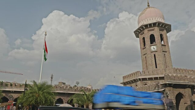 clock tower and indian flag at Moazzam Jahi Market, hyderabad, telangana